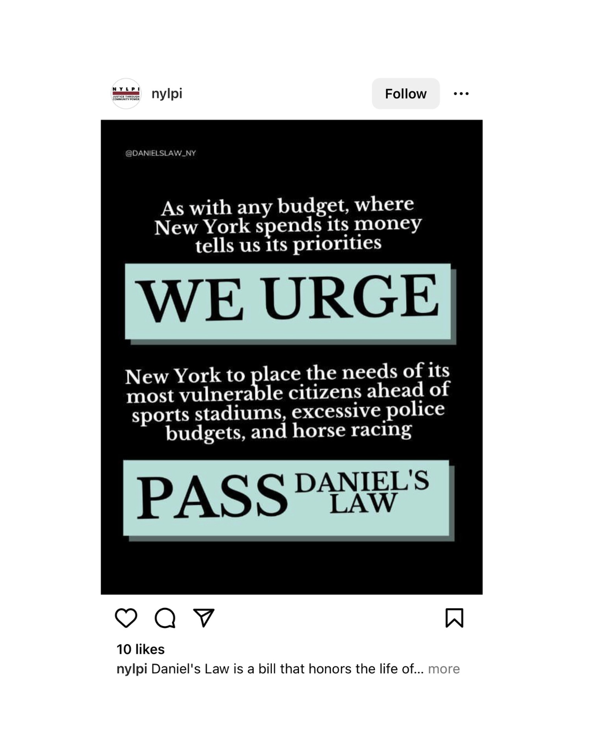 Campaign message urging New York to prioritize mental health and community needs over excessive police budgets